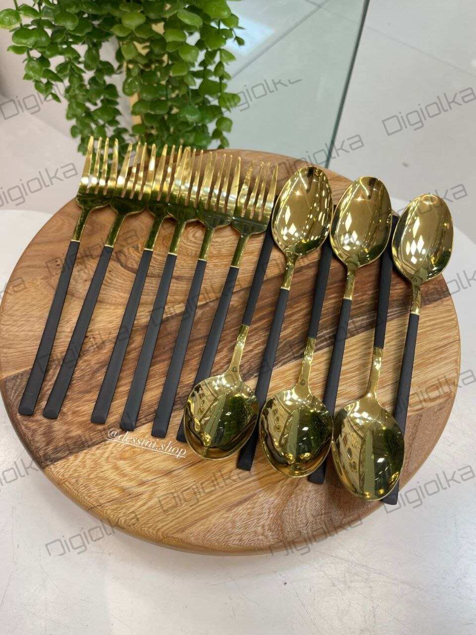 قاشق چنکال شش نفره مشکی طلایی مدرن براق