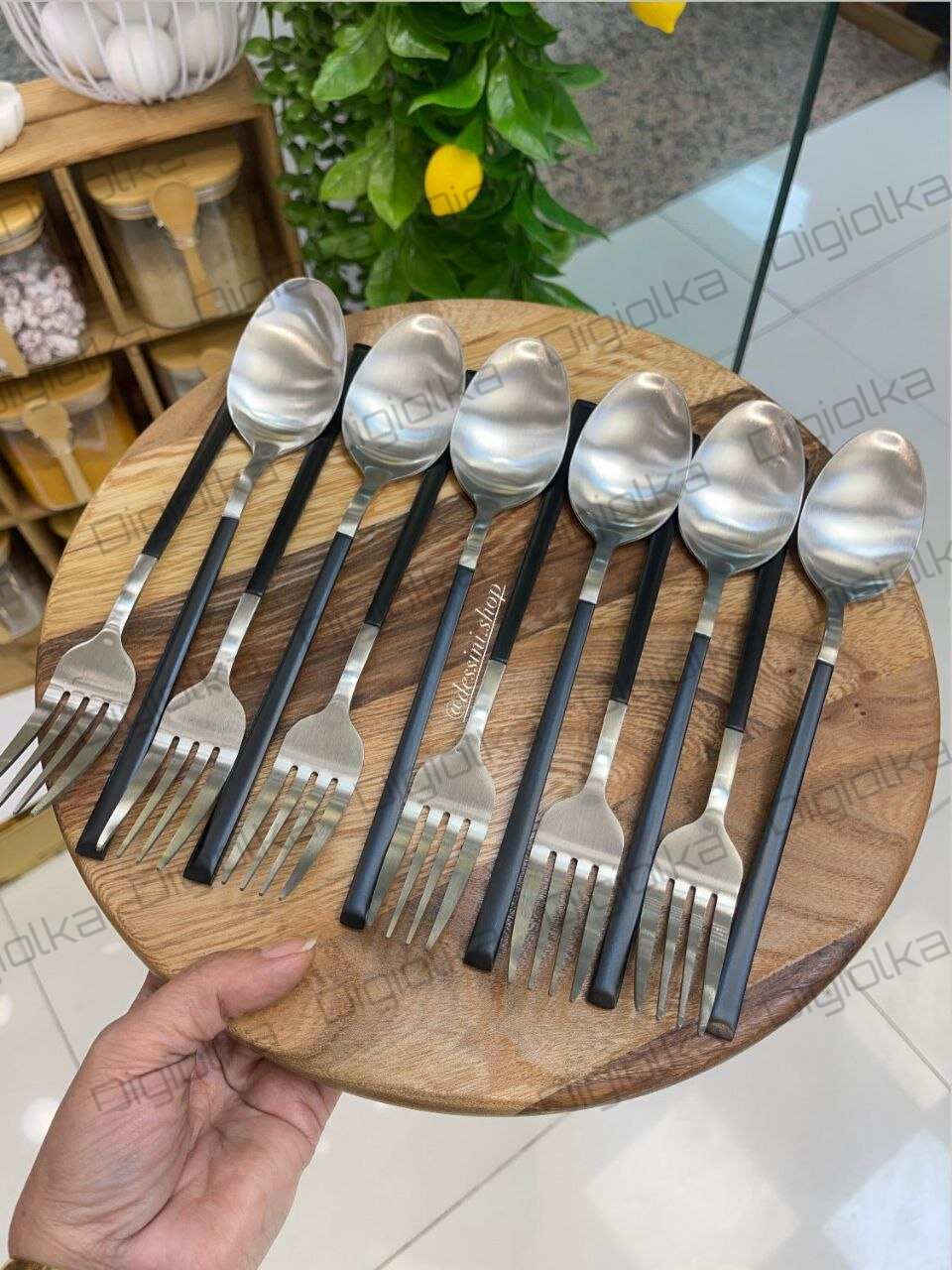 قاشق چنگال 6 نفره مدرن مشکی نقره ای مات