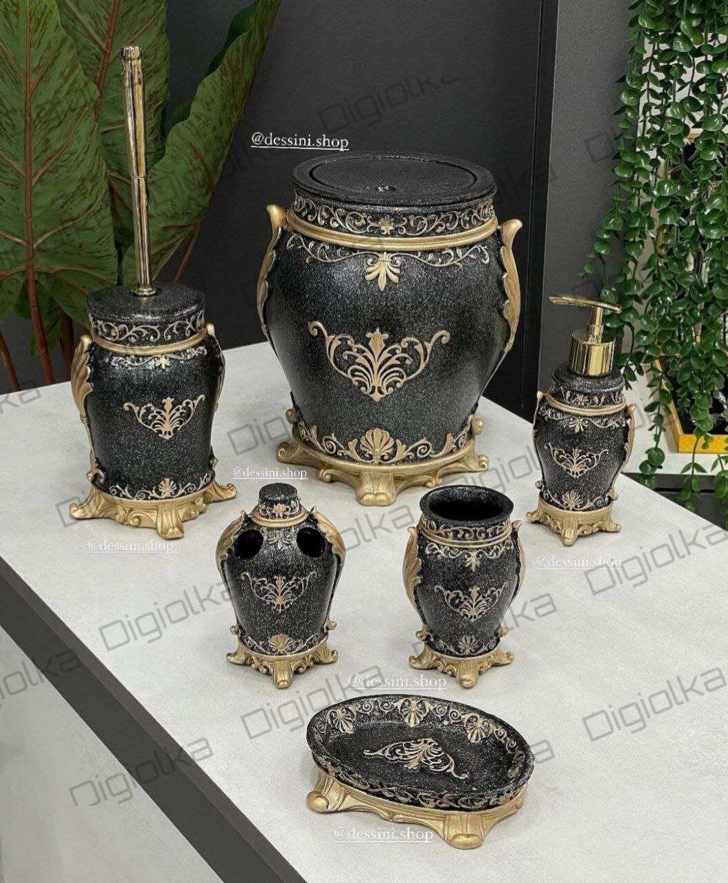 ست سرویس بهداشتی ۶ تکه رزینی مدل صنوبر مشکی اکلیلی با درب بادبزنی و جزئیات طلایی لوکس گالری