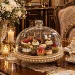 کاپ کیک خوری مهره دار چوبی با پایه خراطی و درب بلوری شفاف قطر 30 سانتیمتر