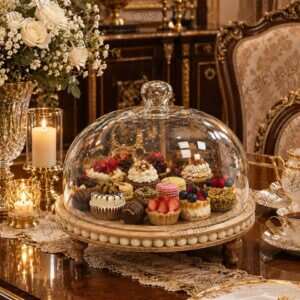 کاپ کیک خوری مهره دار چوبی با پایه خراطی و درب بلوری شفاف قطر 30 سانتیمتر
